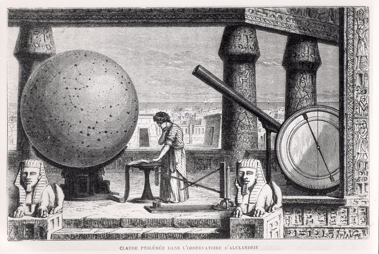 Ptolemaiosz (kb. 90-168) (Claudius Ptolemaius) az alexandriai csillagvizsgálóban, Louis Figuier La Vie des Savants Illustres című művéből alkotó: French School