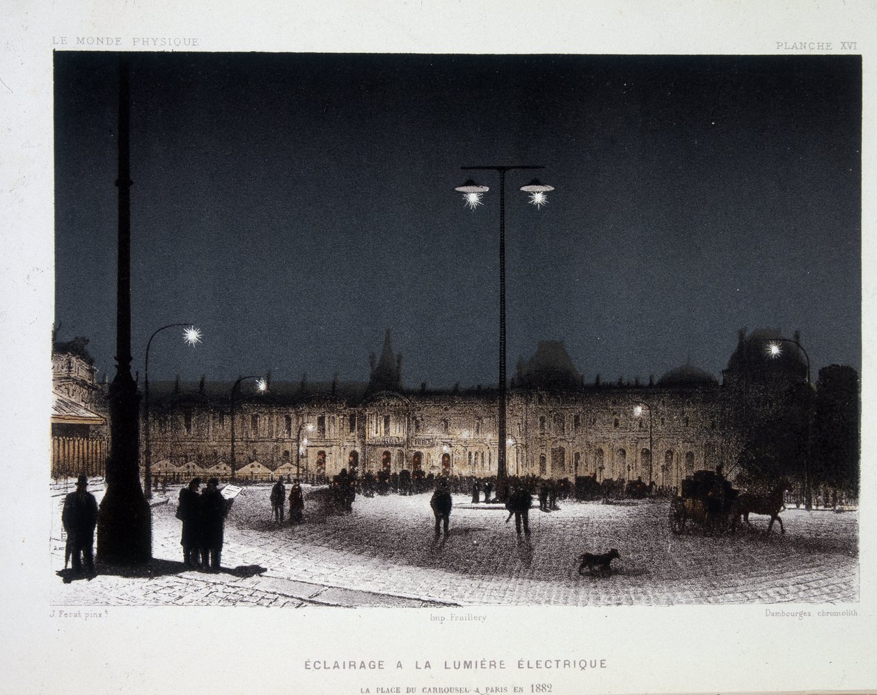 Közvilágítás elektromos világítással a párizsi karusszelen 1883 - Amedee Guillemin „" Mágnesesség és elektromosság" című művében alkotó: French School
