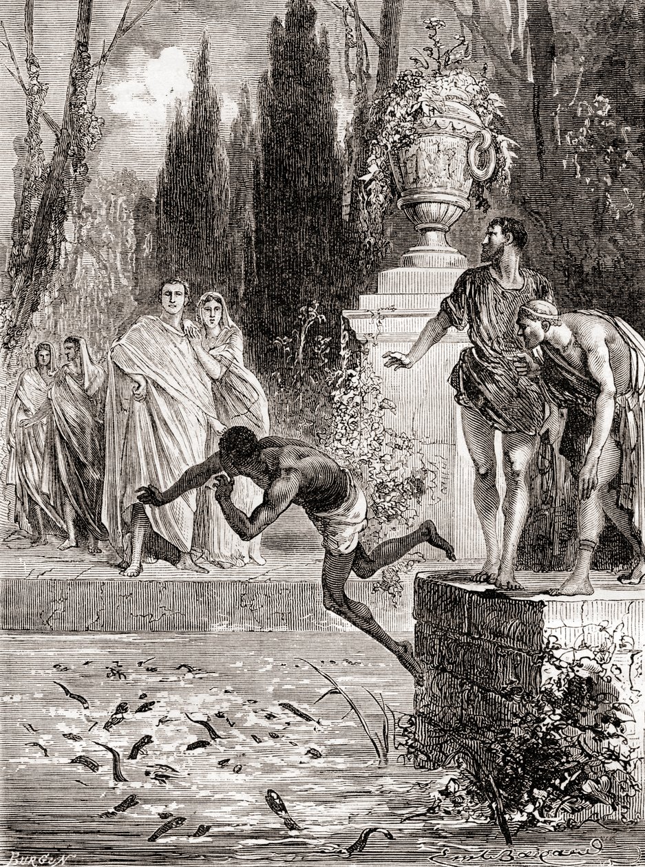 Publius Vedius Pollio, római lovas, aki rabszolgát etet lámpalázával, a Les Merveilles de la Science-ből, 1870 körül. alkotó: French School