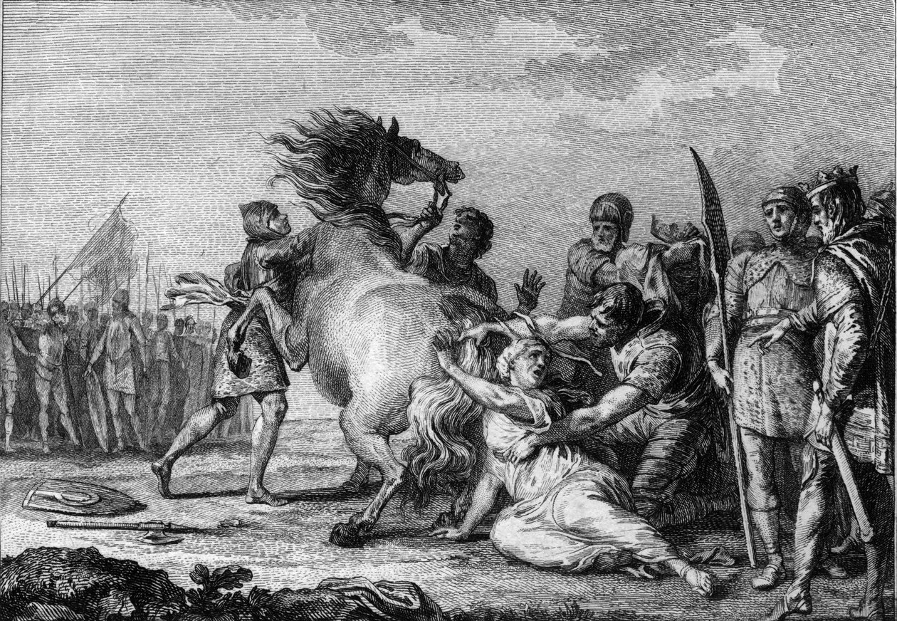 Brunehaut büntetése, 613: Brunehaut vagy Brunehilde (543-613), Ausztrália királynője egy fékezhetetlen ló farkához tapad, mielőtt a földre rántják. 18. századi metszet. alkotó: French School