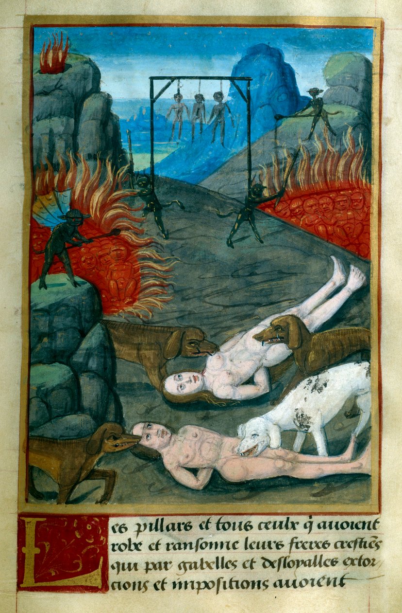 A pokolban a tolvajok és fosztogatók büntetése: felakasztják, elégetik és felfalják őket a kutyák. Miniatúra Jean Gerson (1363-1429) "Le Tresor de Sapience" című művéből 15. század Chantilly, Musee Conde alkotó: French School