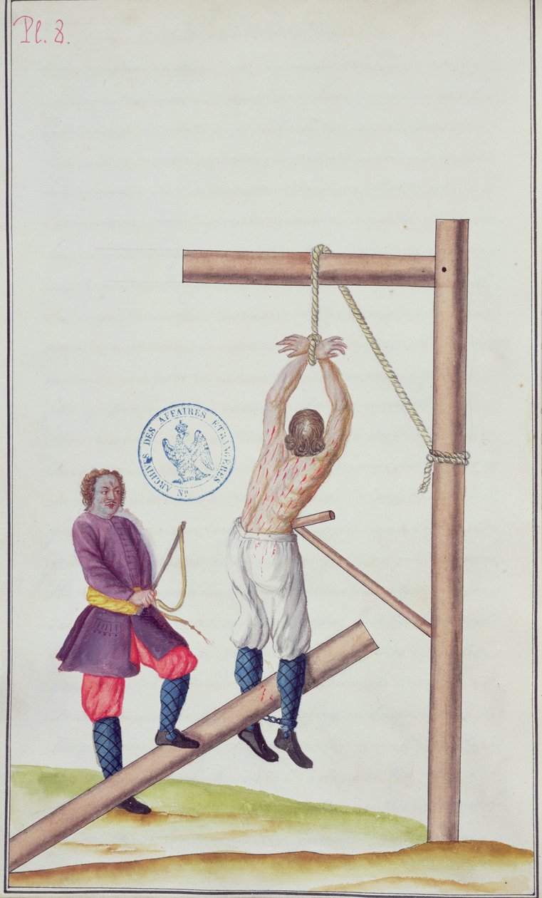 Büntetés kiütéssel kötélről való felfüggesztés közben, Voyage en Russie, 1731 (toll és tinta és WC papíron) alkotó: French School