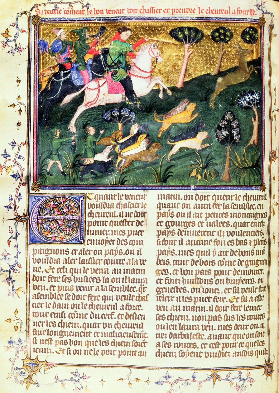 Roe-back üldözése, Livre de la Chasse-ból, az eredeti szöveget írta: Gaston III, Comte de Foix Phebus le Chasseur (1331-91) Avignon, 1387-89 (gouache pergamen) alkotó: French School