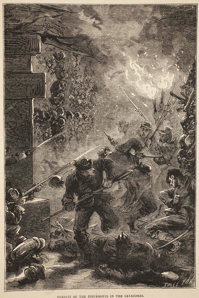 A felkelők üldözése a katakombákban, 1871. május, Cassells illusztrációja: A Franciaország és Németország közötti háború története, 1870-1871 alkotó: French School