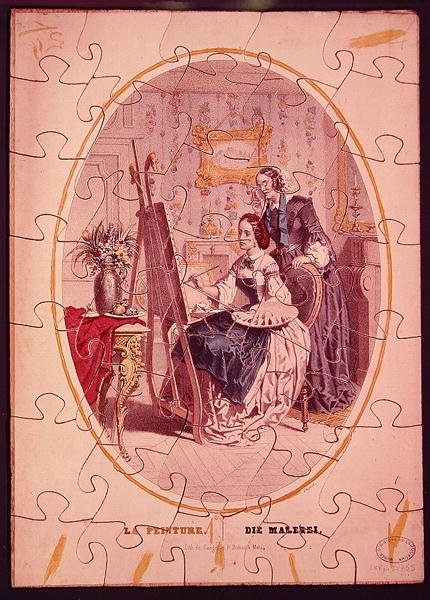 Rejtvénydarabok, amelyek egy festőállványra festő nőt ábrázolnak, 1840-50 körül (színes litó) alkotó: French School