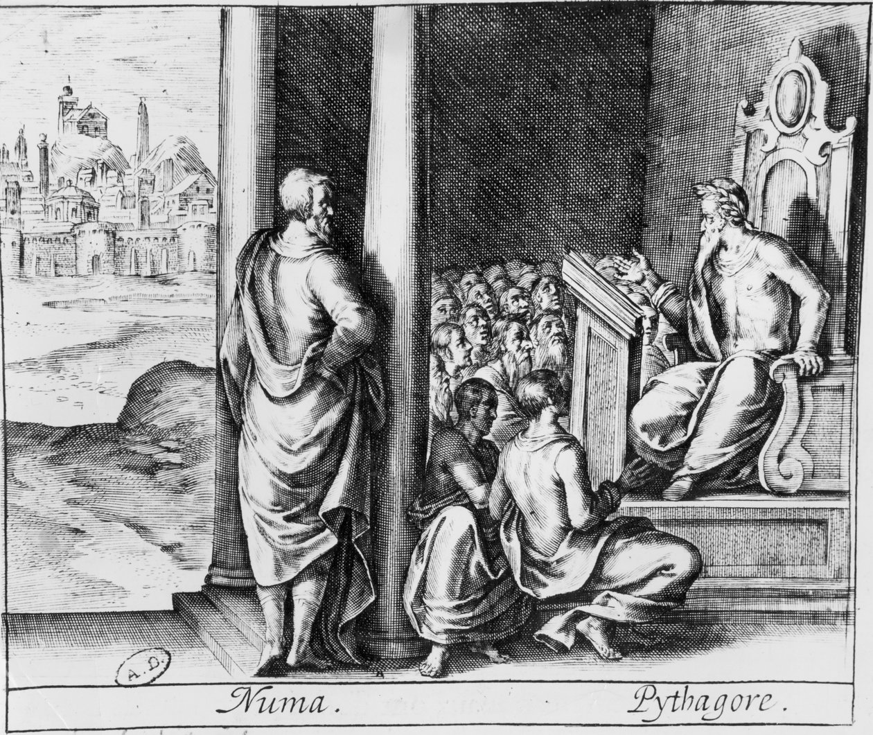 Pythagoras (Kr. e. 570-480) tanítványokat tanít, illusztráció Ovidius Metamorfózisaiból alkotó: French School