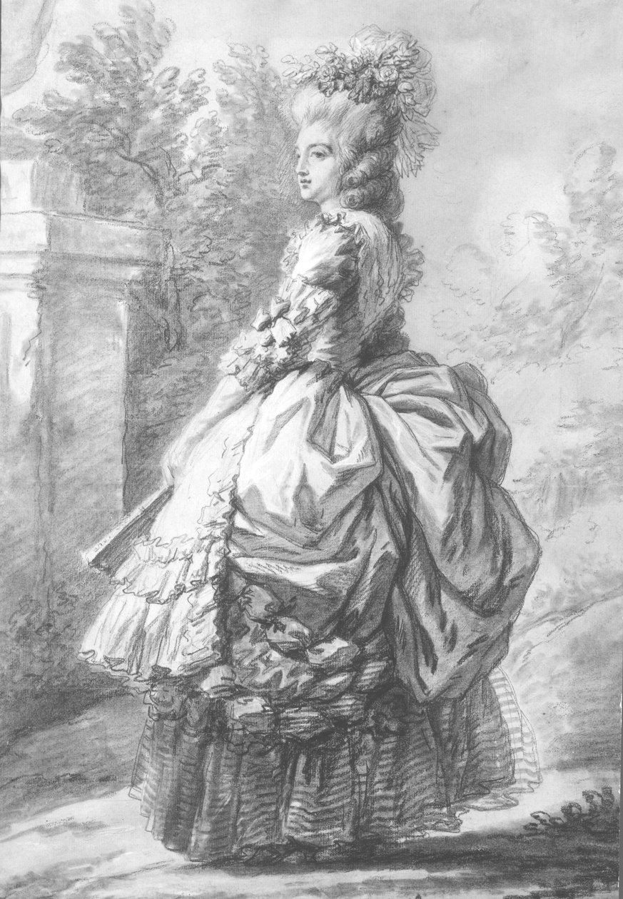 Marie-Antoinette királynő (1755-93) sétál a kertben, 1780 (toll- és tintamosás és kréta papíron) alkotó: French School