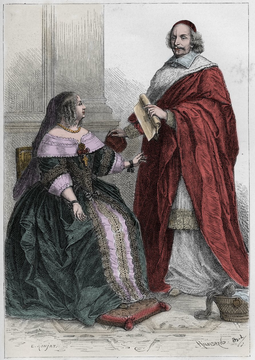 Ausztriai Anna francia királynő (1601-1666) és Jules Mazarin bíboros (Giulio Raimondo Mazzarino vagy Mazarino) (1602-1661 - Ausztriai Anna (1601-66) Mazarin bíborossal (1602-61) - metszet "" L