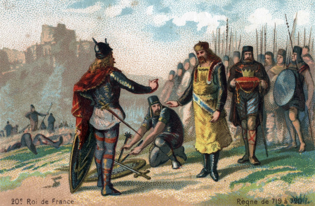 Rainfroy (Rainfroi), Charles Martel ostroma Angers-ban, capitule, 717 körül. Kromolitográfia 1890 körül. alkotó: French School