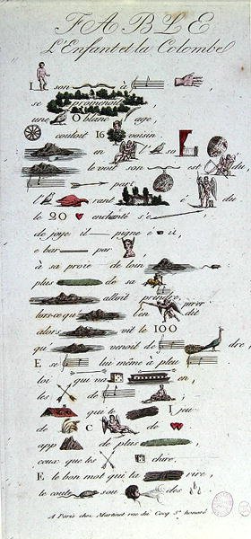 A gyermek és a galamb meséjét ábrázoló Rebus, tizenkilencedik század eleje (színes metszet) alkotó: French School