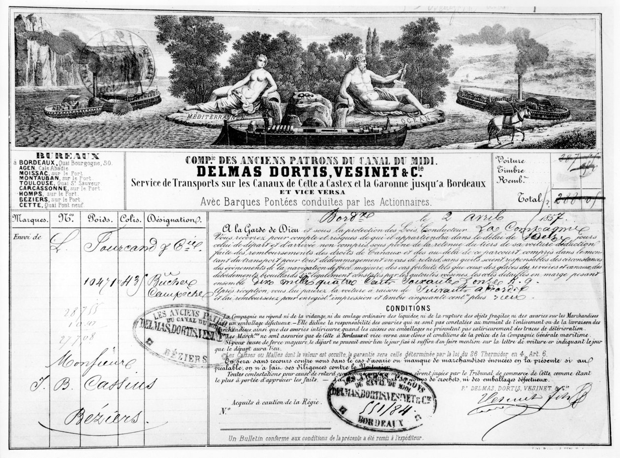 A Compagnie du Canal du Midi által kiállított bizonylat az áruk Bordeaux-ból Beziers-be történő szállításáról, 1857 (bw fotó a gravírozásról) alkotó: French School