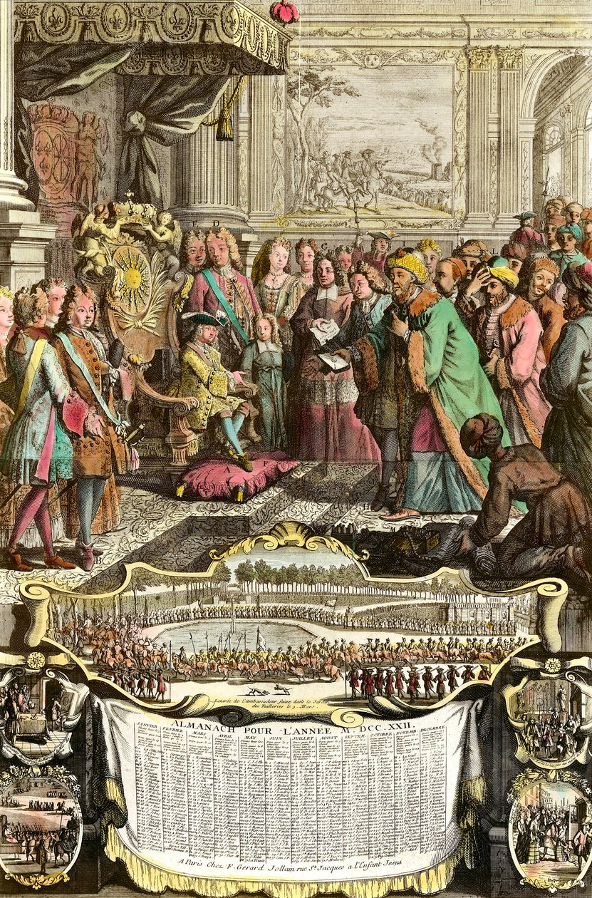A nagy Achmet szultán török követének, Mehemet Effendinek a fogadása XV. Lajos által 1721. március 21-én a Tuileriákban. Metszet a 18. századból. Magángyűjtemény. alkotó: French School