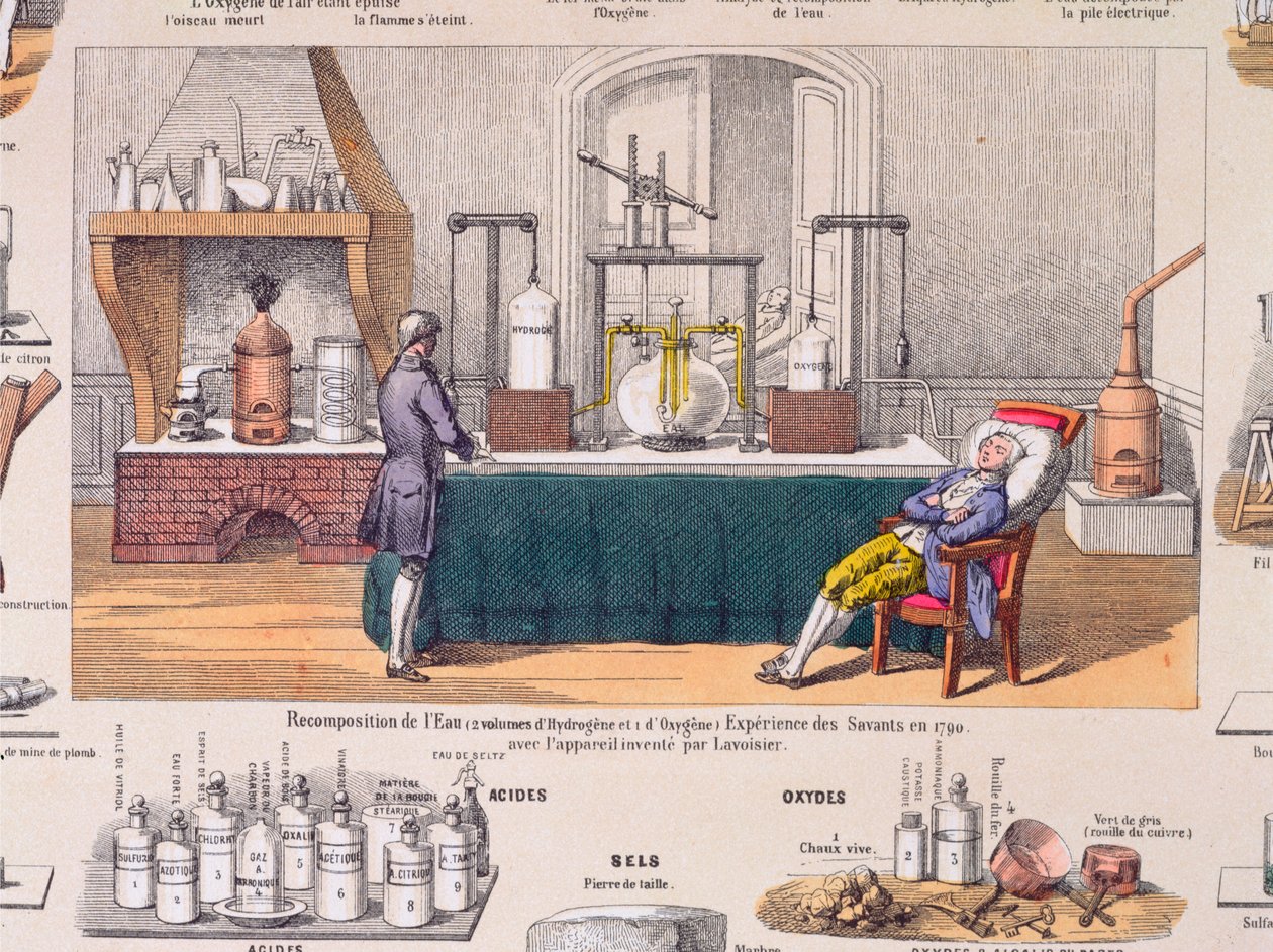 Víz újrakompozíciója hidrogénből és oxigénből: Antoine Laurent de Lavoisier (1743-94) egy pihenő ember légzésével kísérletezik, illusztráció egy oktatólemezről, 1860 körül (színes metszet) alkotó: French School