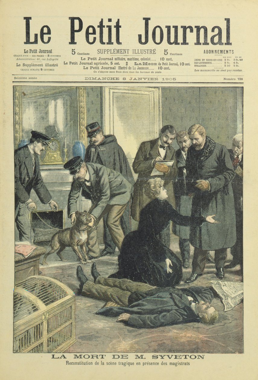 Gabriel Syveton halálának rekonstrukciója, borítóillusztráció a Le Petit Journalból, január 8. 1905 alkotó: French School