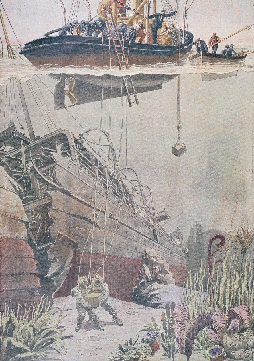 Kincs visszaszerzése az Oceana roncsából, illusztráció a Le Petit Journalból, 1912 alkotó: French School