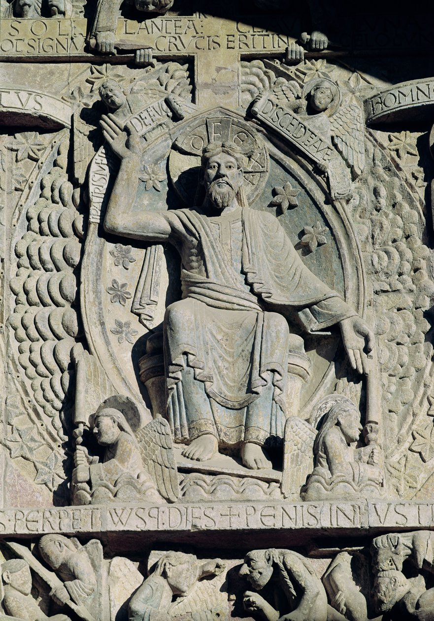 Krisztust a dicsőségben ábrázoló dombormű, részlet az utolsó ítéletből a timpanonon, 1140 körül alkotó: French School