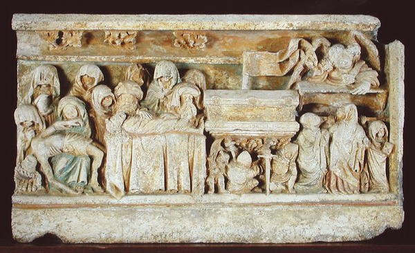 Jeleneteket ábrázoló dombormű Krisztus szenvedéséből: Pieta, a síremlék és a szent asszonyok a sírnál alkotó: French School