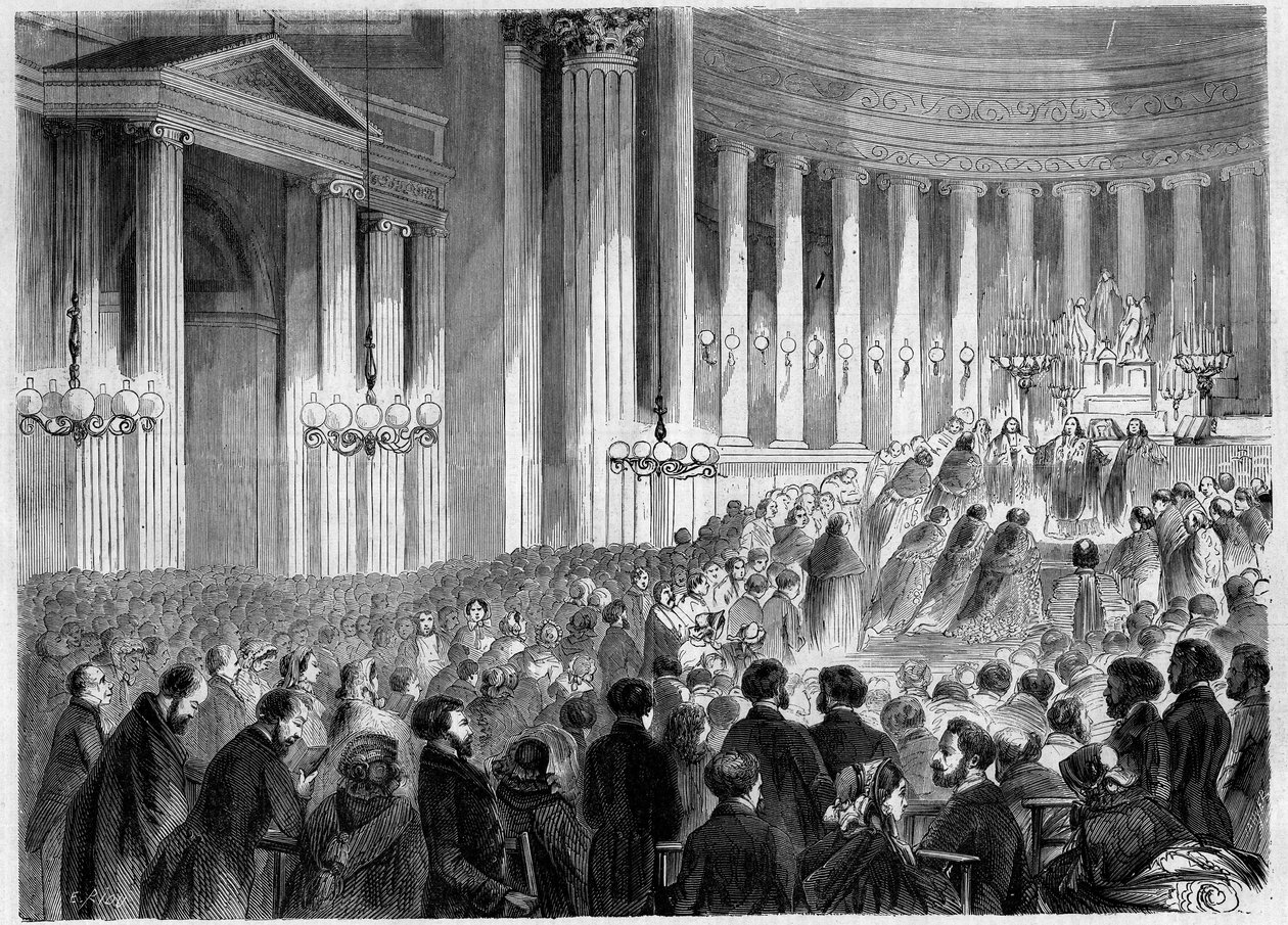 Vallási szertartás, Párizs, Noel 1857: az éjféli mise ünneplése a Madeleine-templomban. Metszet a „” Le Monde Illustré”” 38. számában, január 2 alkotó: French School