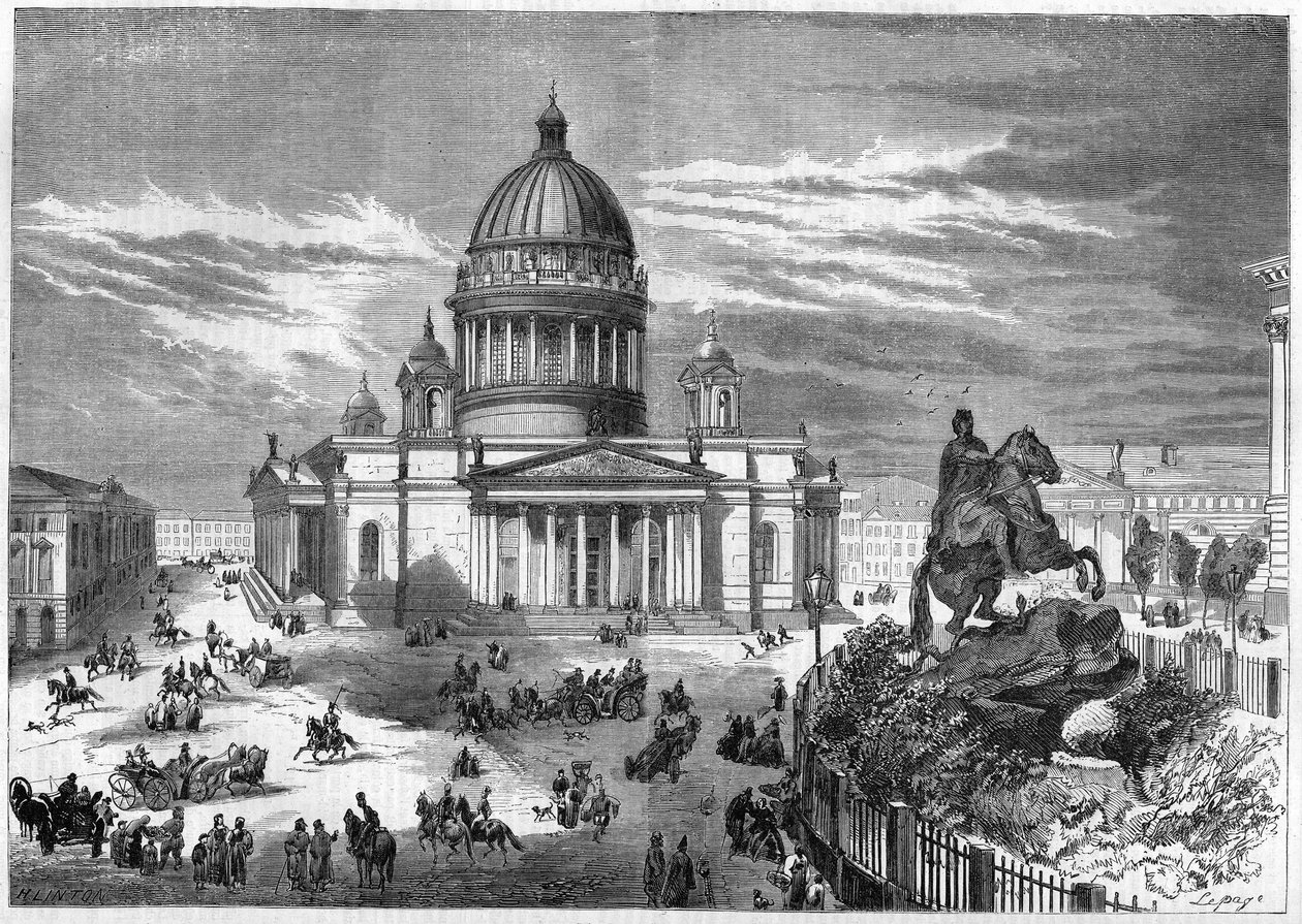 Vallási építészet: az oroszországi szentpétervári (Szentpétervár) ortodox Szent Izsák (1819-1858) templom képe, Ricard de Montferrand (1786-1858) építész tervei alapján. A jobb oldalon Péter lovas szobra látható alkotó: French School