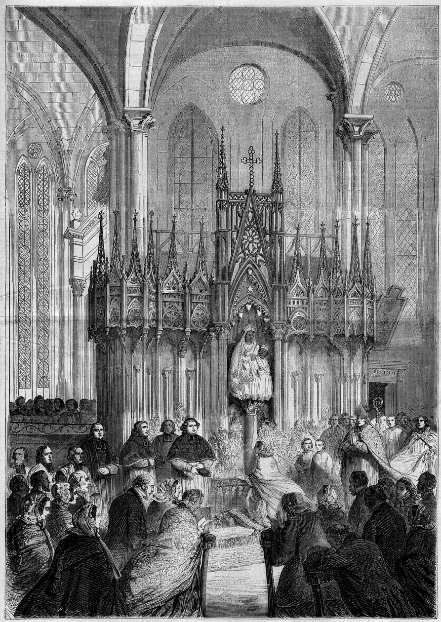 Vallási művészet: Notre Dame du Pillar vagy „” Virgo Noire” szobra (1540 körül) a chartres-i katedrálisban (Eure et Loire, 28) 1858-ban. Metszet a „” Le Monde Illustré” 89. számában, december 25. 1858. alkotó: French School