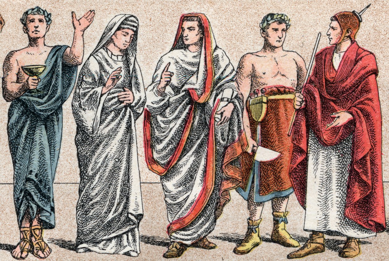 Vallási jelmezek az ókorban: a g a d-tól egy görög pap, áldozati lelkész, vestál, az ókori Róma előnője és az ókori Róma nagy pápája (Pontifex maximus), popa és flaminó (flamen) római pap portréja, aki az istentiszteletnek szentelte magát. o alkotó: French School