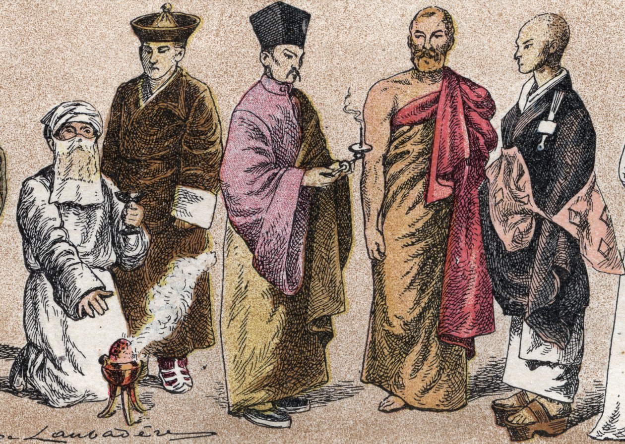 Ázsia vallási viseletei: g a d-tól Parsi pap (a parszizmus elemzője vagy követője), Láma (tibeti lelki tanítómester), kínai buddhista pap, ceyloni bonze és japán buddhista pap portréja - Gravírozás - Vallási viseletek Ázsiában: balról rig alkotó: French School