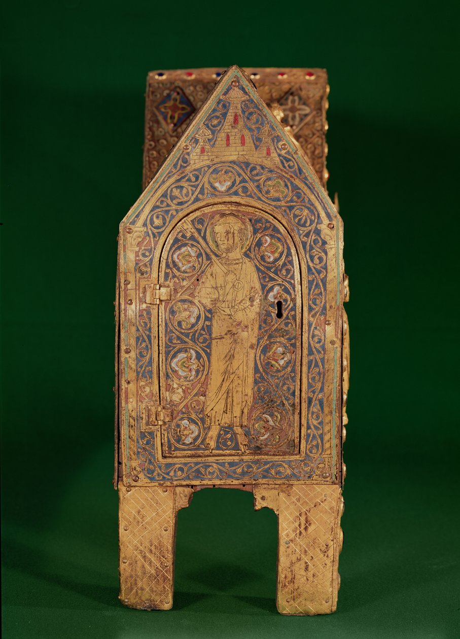 Szent Calminius ereklyetartó ládája, a kulcsokat tartó Szent Péter részlete, Limoges (réz és champleve zománc) alkotó: French School