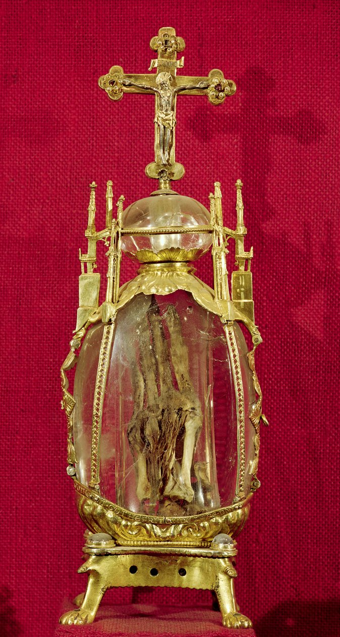 Szt. Attália (kb. 697-741) kezét tartalmazó ereklyetartó 12-15. század (réz, aranyozott ezüst és hegyikristály) alkotó: French School