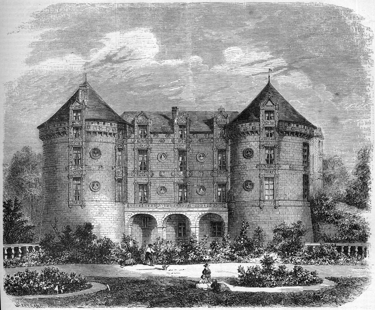 Reneszánsz építészet - a Loire kastélyai: kilátás a Chateau du Lude homlokzatára 1857-ben. Le Lude, Sarthe (72). Metszet a „” Le Monde Illustré”” 28. számában, október 24-én alkotó: French School