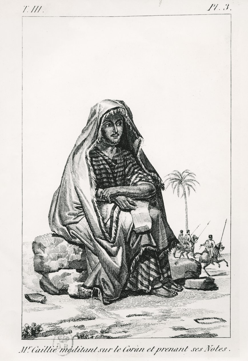 Rene Caille a Koránon töpreng és jegyzeteket készít Rene Caillie (1799-1838) Journal dun voyage a Tombouctou című folyóiratából, 1830 alkotó: French School