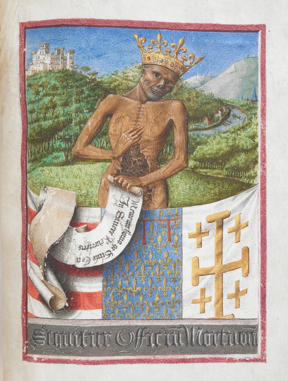 René, Anjou hercege koronás csontvázként, Anjou René óráinak könyvéből (vellum) alkotó: French School
