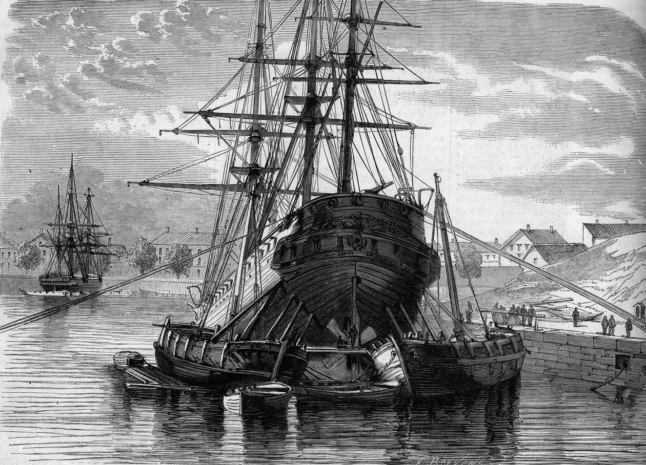 Hajó (a „Vera Cruz” gőzös) javítása: felemeljük a hátulját, hogy a felfedezett spirált helyezzük el. 1863. Metszet a „” Le Monde Illustré”” 320. számában, 1863. május 30.. alkotó: French School