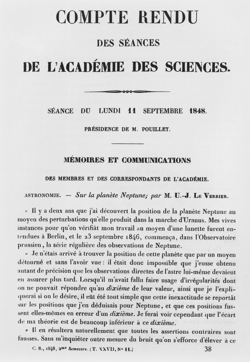 Jean Joseph Le Verrier (1811-77) beszámolója az Academie des Sciences üléseiről a Neptunusz bolygón, 1848. szeptember 11. alkotó: French School