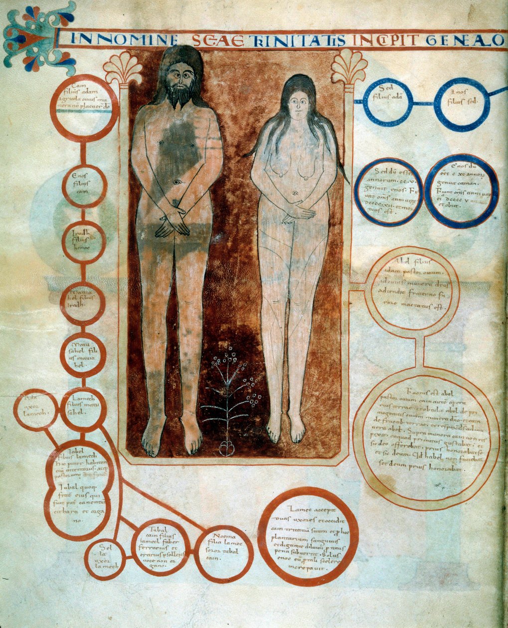 Ádám és Éva ábrázolása, a piros medálok Káin vonalát képviselik, amelyet a Beatus de Liebana szerzetes által 775-ben írt „Az apokalipszis Szent János szerint” című művéhez illusztráló miniatúra pusztított el. alkotó: French School