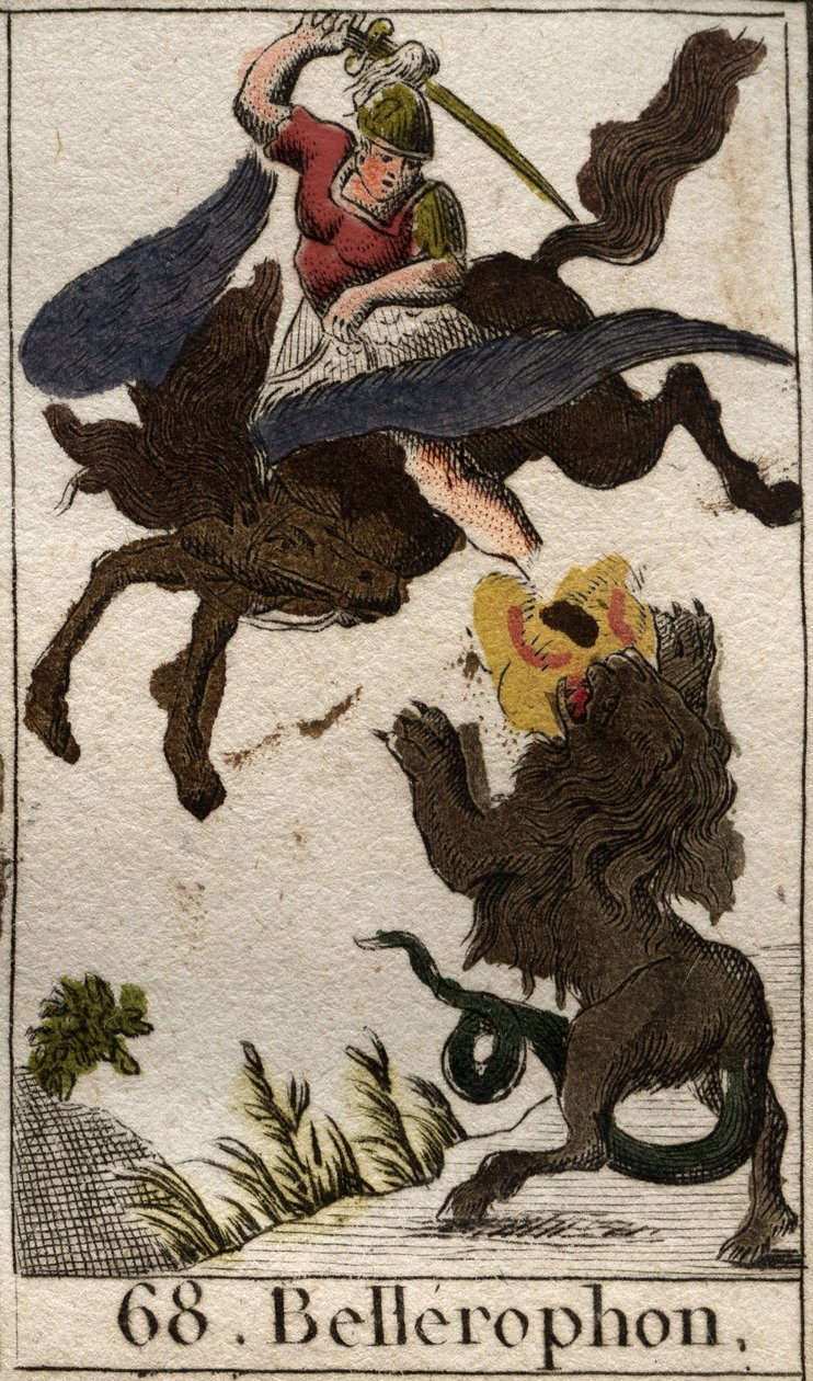Bellerophon ábrázolása, Pegase lovaglása, a kiméra megölése (Bellerophon ábrázolása, a Pegasuson, a kiméra lándzsása). Pierre Blanchard „Az ifjúság mitológiájából” 1803-ból. alkotó: French School