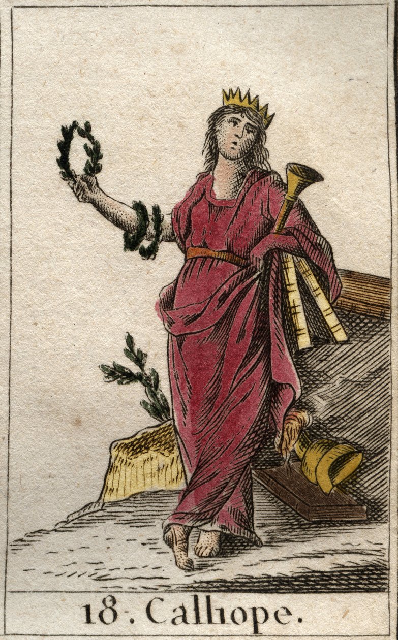 Calliope ábrázolása, az epikus költészet múzsája, kezében koronát és az epopea trombitáját tartja (Calliope ábrázolása, A hősi költészet múzsája). Pierre Blanchard „Az ifjúság mitológiájából”, 1803. alkotó: French School