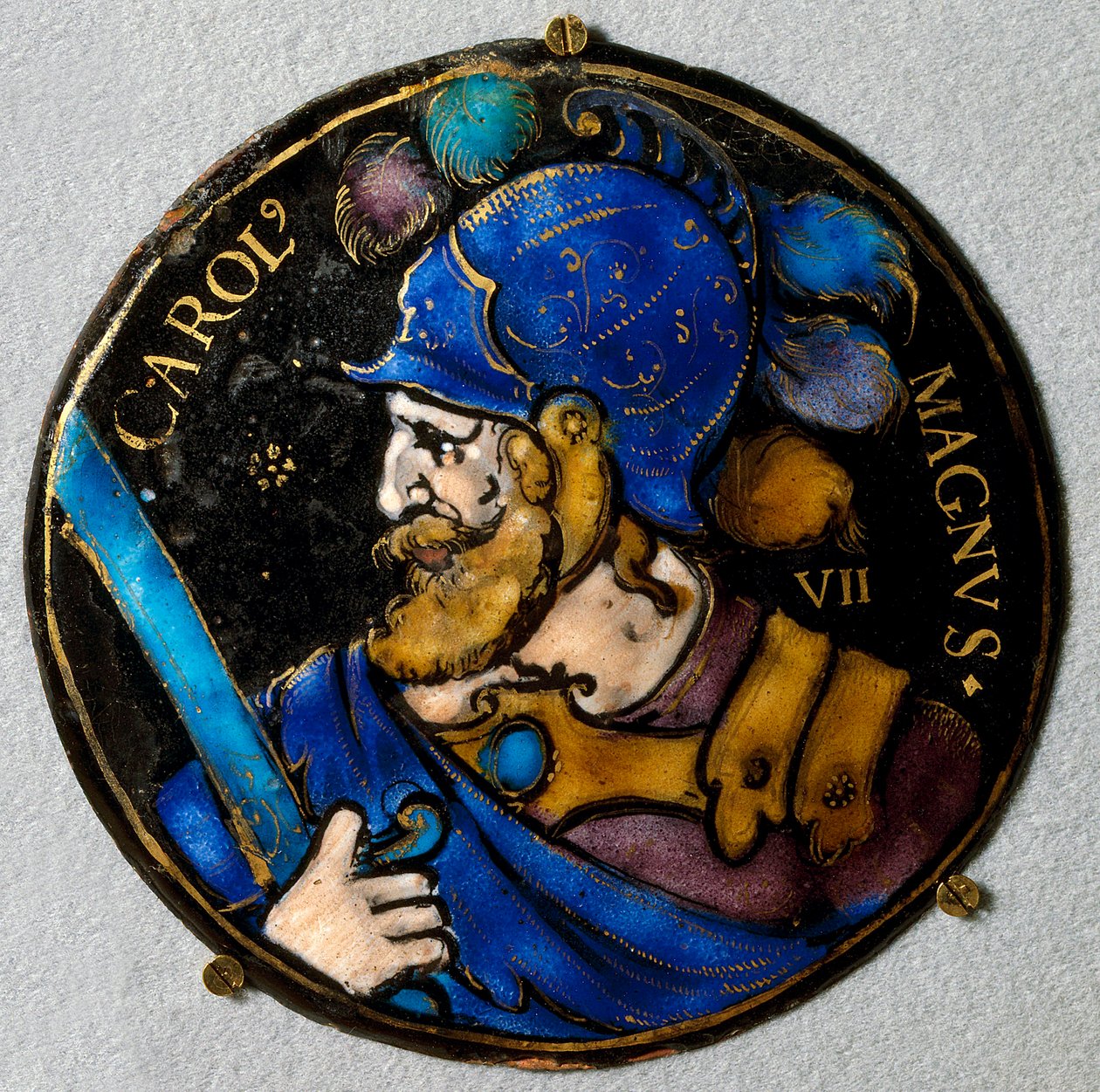 Nagy Károly (I. Nagy Károly) (742 - 814), francia király ábrázolása. Medalion e-mailben a 16. századi Limoges-ból. Figyelj, Nemzeti Reneszánsz Múzeum alkotó: French School
