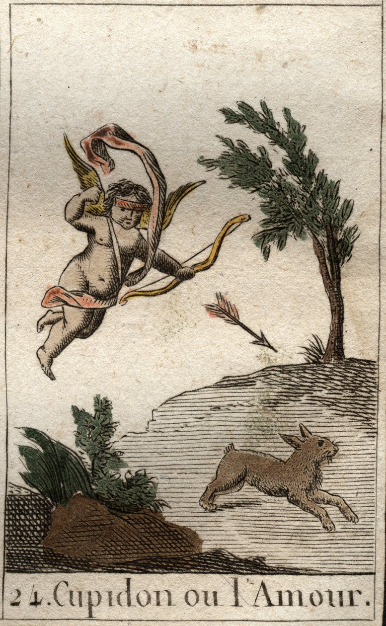 Ámor, vagy Amour, Vénusz szolgájának ábrázolása bekötött szemű gyermekként, nyíl rajza (Cupid, Szerelemisten, bekötött szemű gyermekként, nyilat rajzolva). Pierre Blanchard „Az ifjúság mitológiájából”, 1803. alkotó: French School