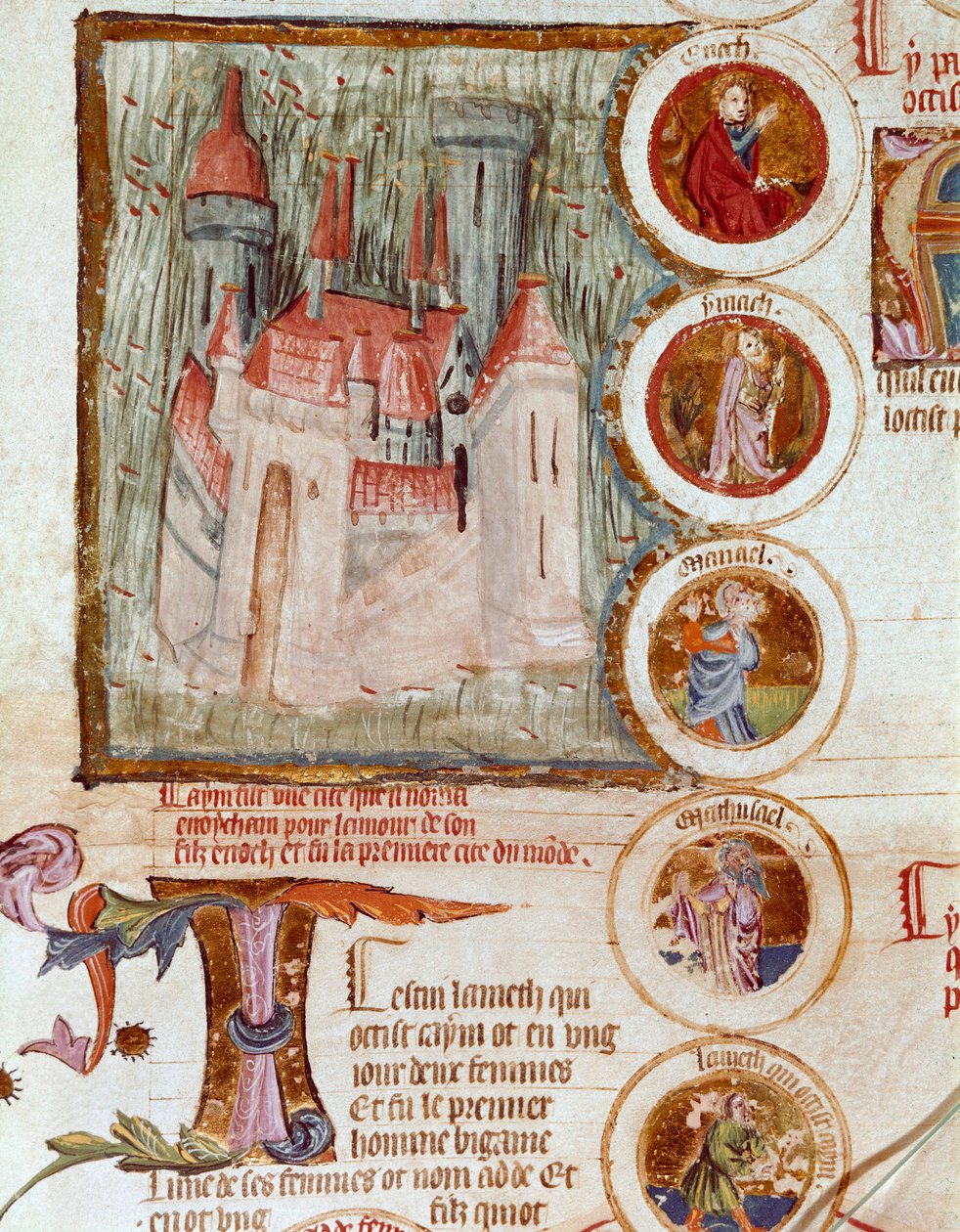Enocham ábrázolása, az első idézet a világról, amelyet Yared (Yered, Jared vagy Jareth) alapított fia, Enoch (Henoch vagy Henoc) előtt. Oldal a francia iskola „Genealogy de la Bible”” kéziratából származik. 14. századi Cremone, biblioteca kormányzó alkotó: French School