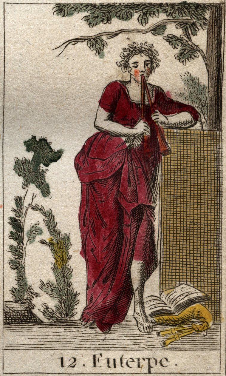 Euterpe, a zenemúzsa ábrázolása, kottakönyvekkel körülvéve és kettős furulyán (aulos) játszik (Euterpe, zenemúzsa, kettős furulyát (aulos) tartva ábrázol). Pierre Blanchard „Az ifjúság mitológiájából” 1803-ból. alkotó: French School
