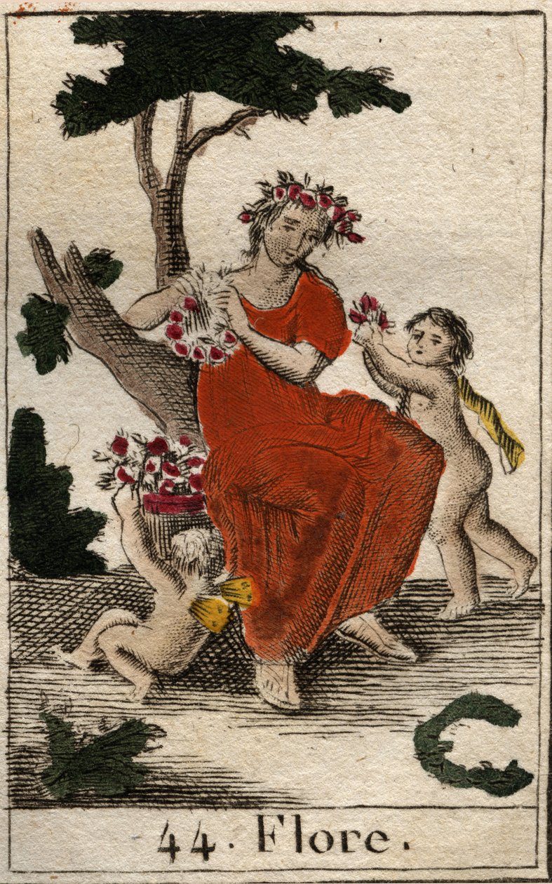 Flora (Flora), a virágok istennője ábrázolása. (Flóra, a virágok istennője és a tavasz évszaka) Pierre Blanchard „Mythologie de la jeunesse” című művéből, 1803. alkotó: French School