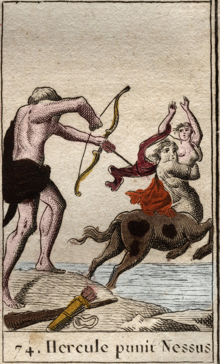 Herkules ábrázolása, amint egy megmérgezett nyílvesszőt lefejt Nessus (Nessos) kentaurnak, aki elrabolja Dejanire feleségét (Herkules (Héraklész) mérgezett nyilat lőtt Nessus kentaurra, aki megpróbálja elrabolni Deianirát) Pier Mythologie de la jeunesse „” alkotó: French School