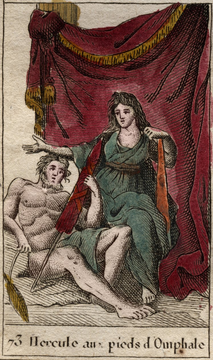 Herkules, Omphale szerelmese egy ses pieds-t feszít, kezében egy cenouille-t (Héraklész (Herkules) Omphale lábainál fekszik, akibe szerelmes, kezében egy bottal) Pierre Blanchard „Mythologie de la jeunesse” című művéből, 1803-ból. alkotó: French School