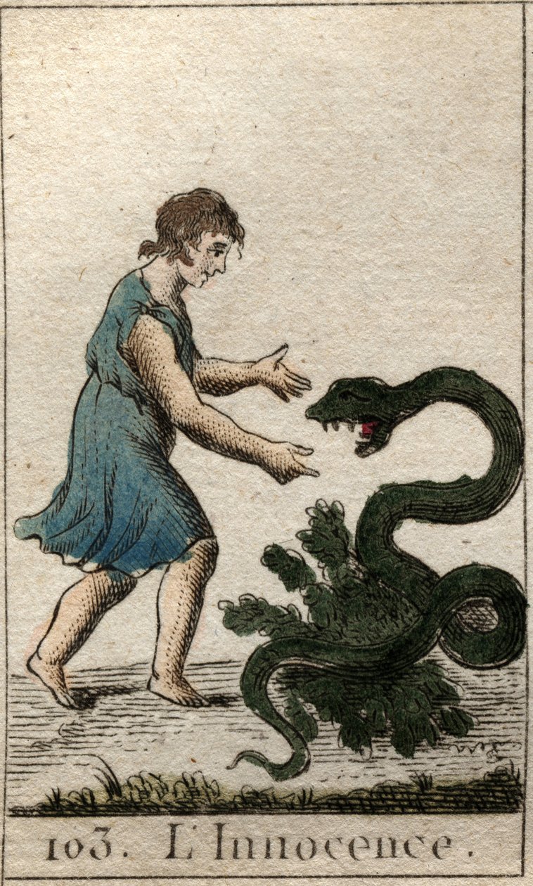 Az ártatlanság ábrázolása, mint egy gyermek, aki egy veszélyes kígyót etet. Pierre Blanchard „Az ifjúság mitológiájából” 1803-ból. alkotó: French School