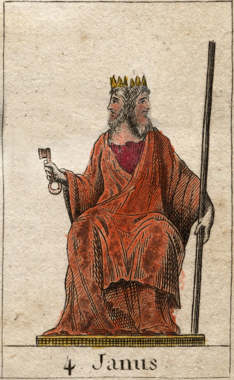 Janus ábrázolása, a kezdet és az átjárók istensége, két arccal ábrázolják (Janus (vagy Ianus) a kapuk, ajtók, kezdetek és végek istene, két arccal és egy kulccsal ábrázolva). Pierre Blanchard „Az ifjúság mitológiájából” 1803-ból. alkotó: French School