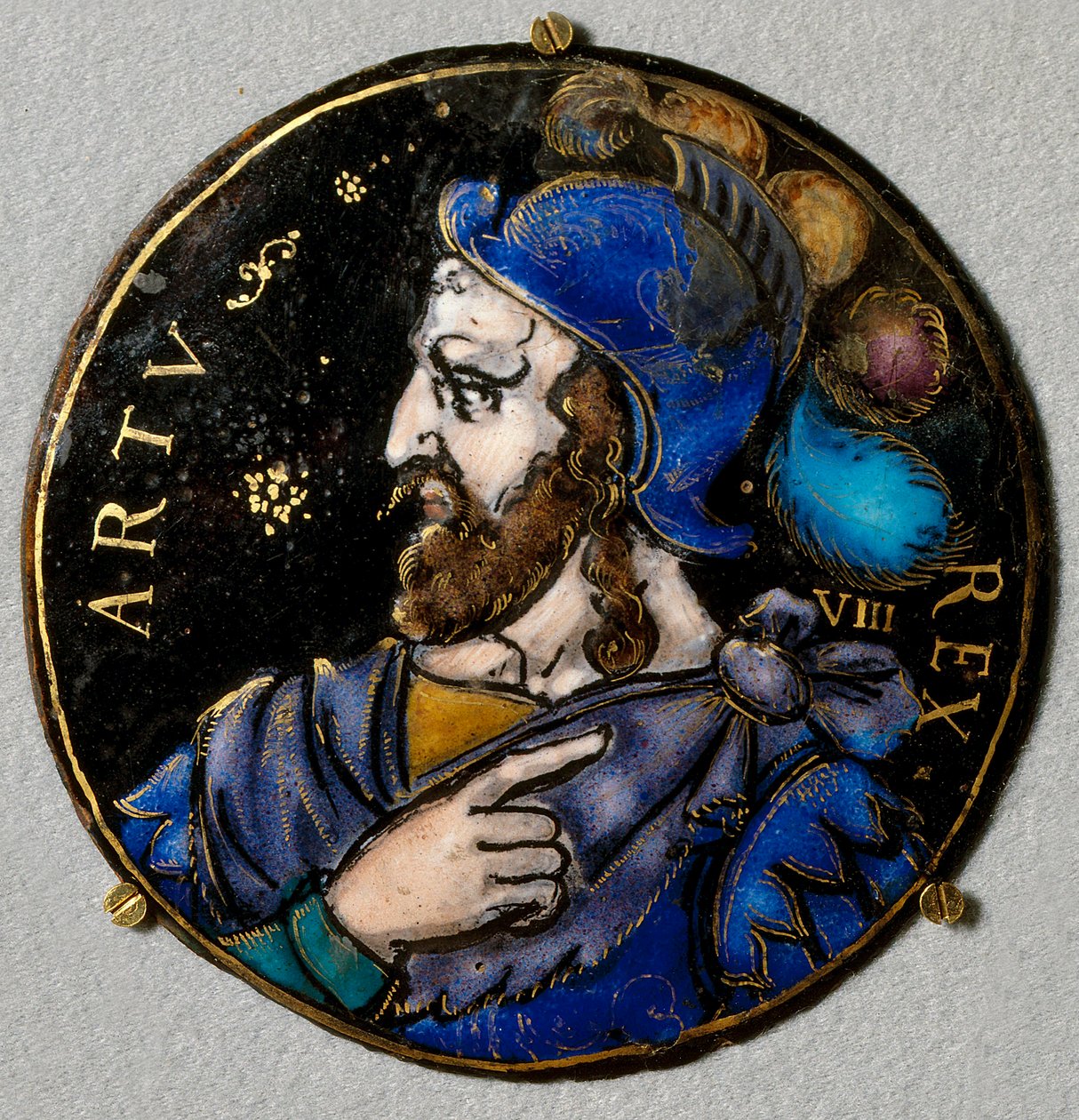 Arthur király, a bretonok legendás királyának ábrázolása (6. század). Medalion e-mailben a 16. századi Limoges-ból. Figyelj, Nemzeti Reneszánsz Múzeum alkotó: French School