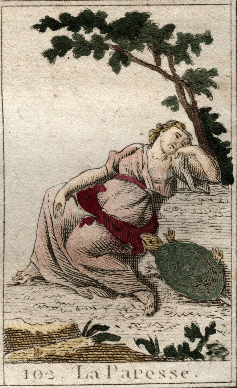 Lustaság, az Éjszaka és az Alvás lánya, mint egy teknősös fiatalember ábrázolása. Pierre Blanchard „Az ifjúság mitológiájából” 1803-ból. alkotó: French School