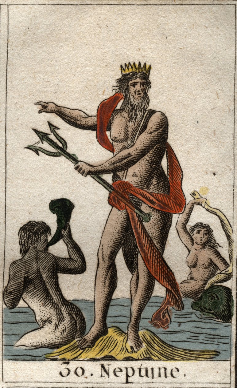 Neptunusz, a tengerek istenének ábrázolása, háromszéket tart. (A tenger istene, Neptunusz háromágú). Pierre Blanchard „Az ifjúság mitológiájából”, 1803. alkotó: French School