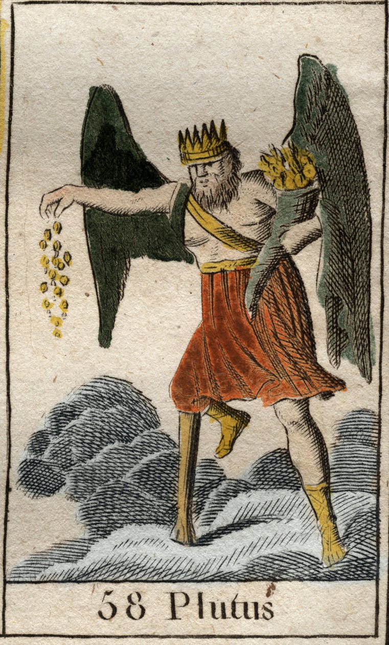 Plutus (Ploutosz), a gazdagság istenének ábrázolása, korona és vak, véletlenszerűen dobál ajándékokat. (Plutust, a gazdagság istenét ábrázolja, koronás és vak, szórványosan dobál ajándékokat). Pierre Blanchard „Az ifjúság mitológiájából” 1803-ból. alkotó: French School