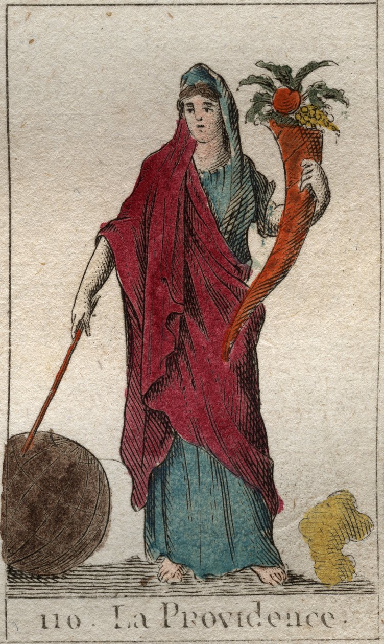 Providence ábrázolása, mint egy idős asszony, kezében bőségszaru, bot és földgömb. Pierre Blanchard „Az ifjúság mitológiájából” 1803-ból. alkotó: French School